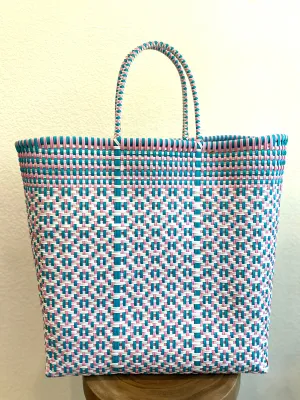 Large Turquoise, Pink and White Woven Tote