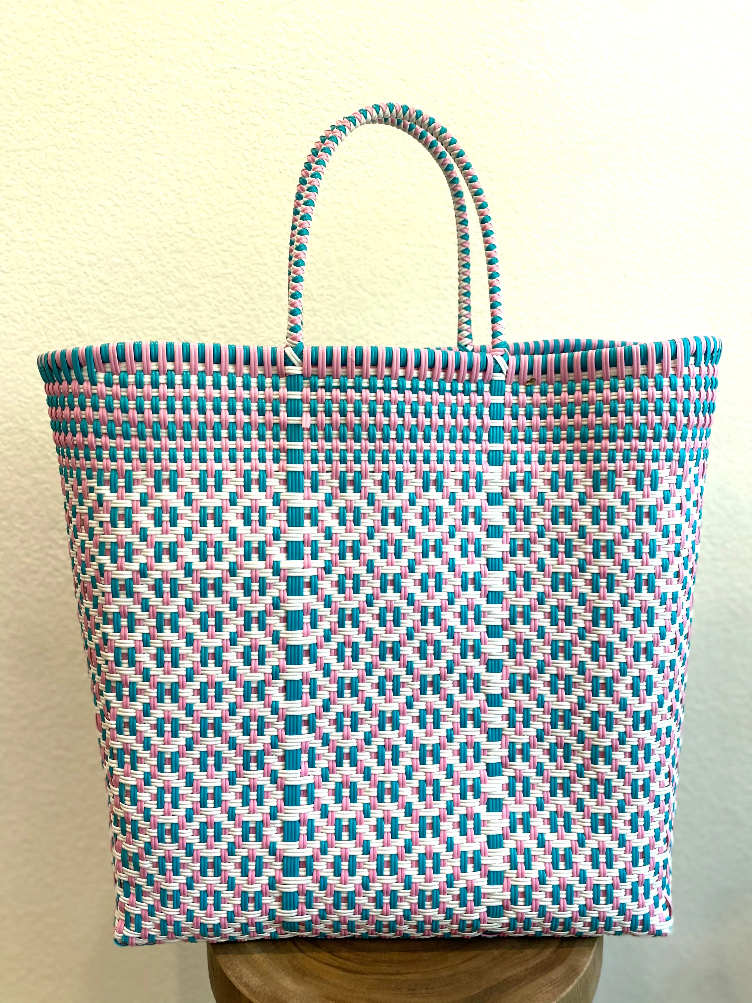 Large Turquoise, Pink and White Woven Tote