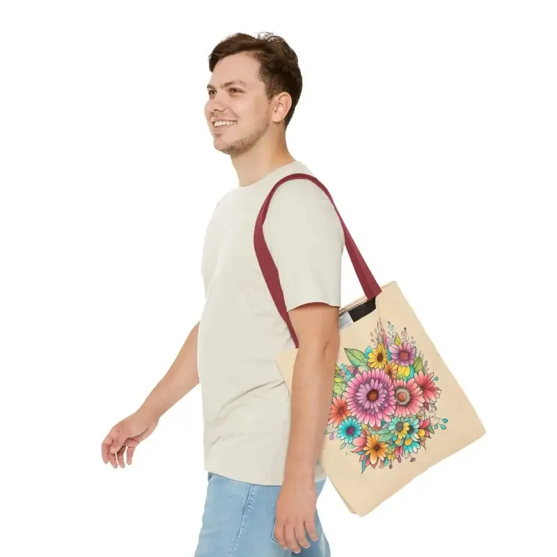 Large Vibrant Flowers Print Tote Bag with Flair