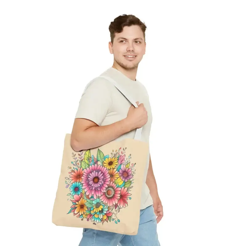 Large Vibrant Flowers Print Tote Bag with Flair