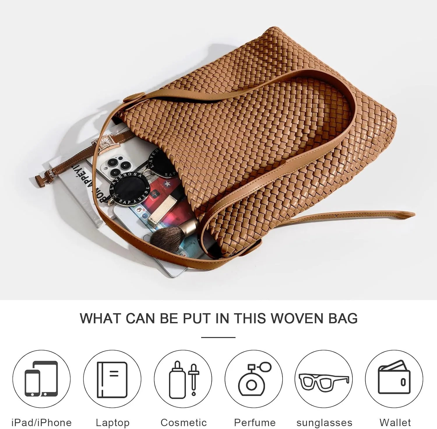 Large Woven Tote Bag Vegan Leather Shoulder Bag for Women Fashion Travel Shopper Bag Top Handle Handbag and Purse