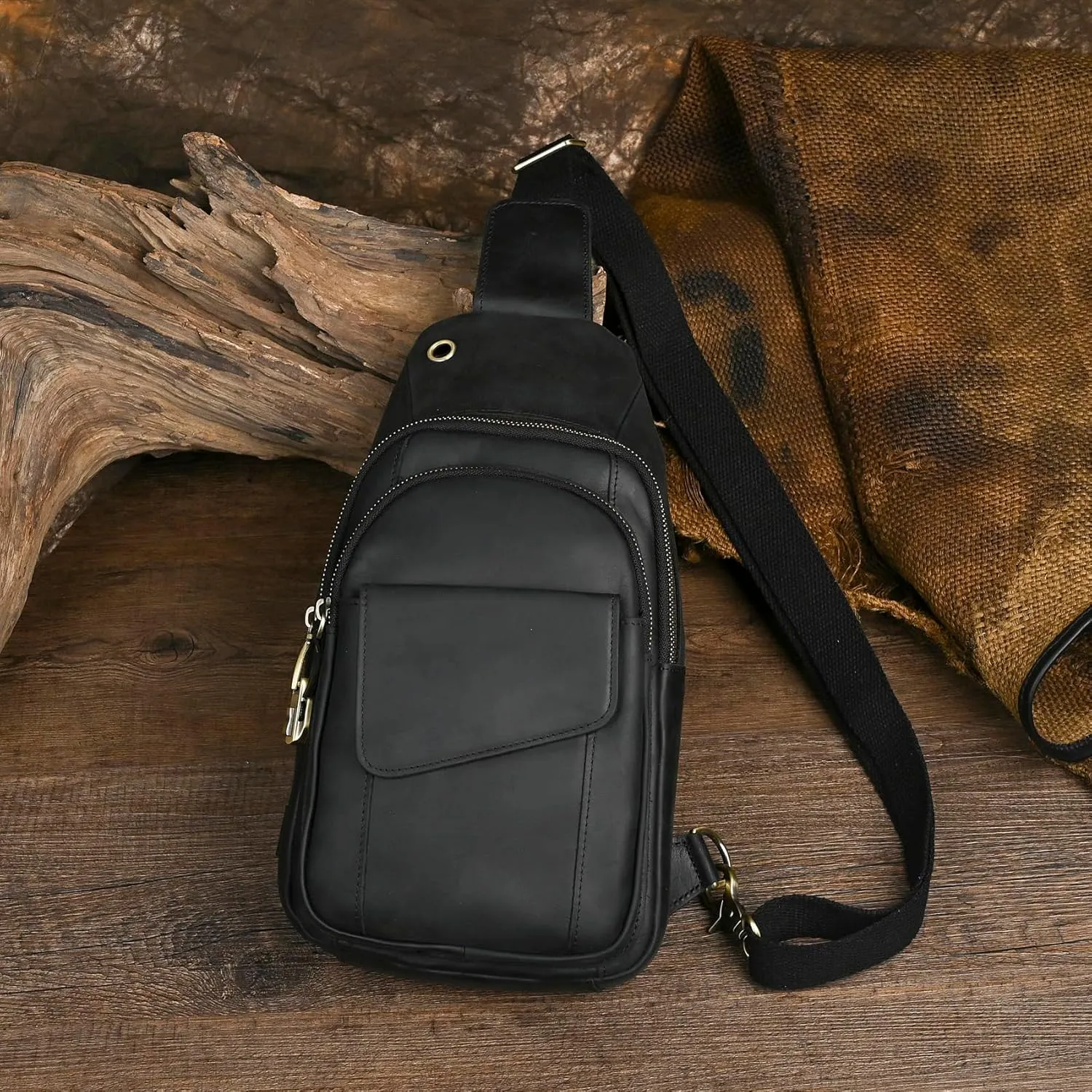 Le'aokuu Men Outdoor Casual Travel Hiking Tea Crossbody Chest Sling Bag Rig One Shoulder Strap Bag Backpack Men Leather