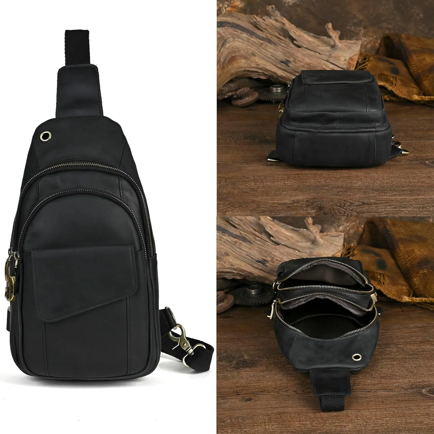 Le'aokuu Men Outdoor Casual Travel Hiking Tea Crossbody Chest Sling Bag Rig One Shoulder Strap Bag Backpack Men Leather