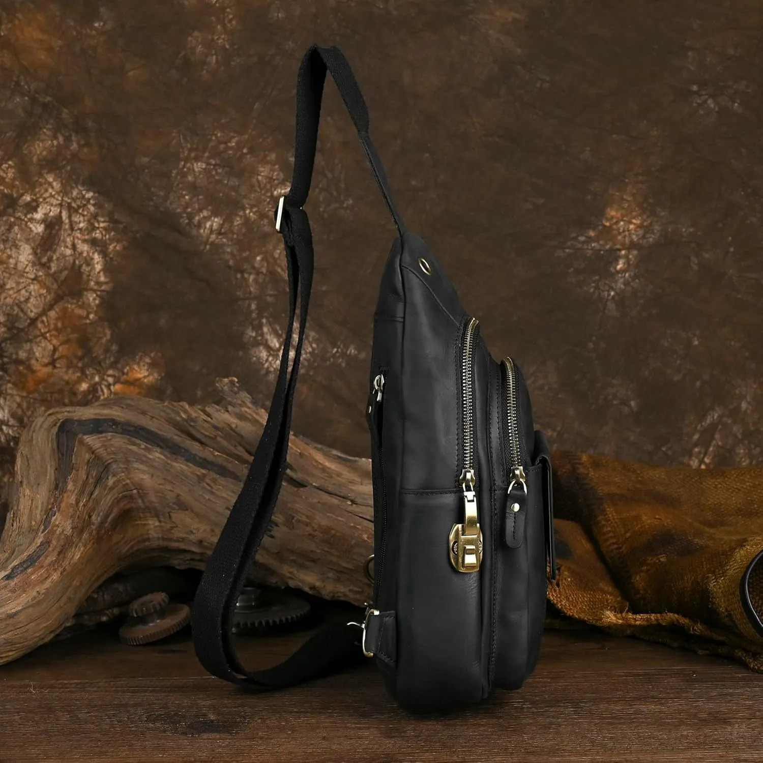 Le'aokuu Men Outdoor Casual Travel Hiking Tea Crossbody Chest Sling Bag Rig One Shoulder Strap Bag Backpack Men Leather