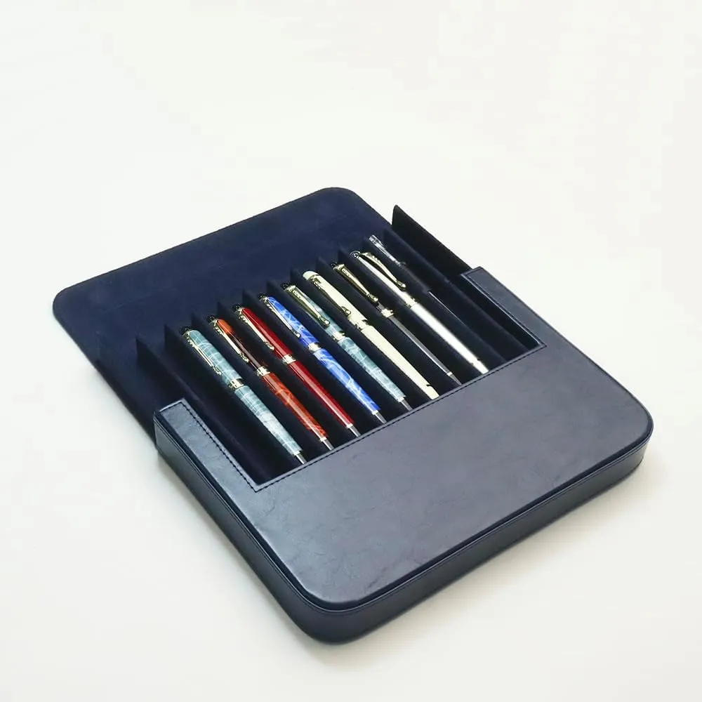 Leather 12 Fountain Pen/Pencil Tray Case Organizer, Fashion Design, Handmade, Magnetic Closure with Drawer, Christmas Gift for Man/Woman/Office, 12 Slots(blue)