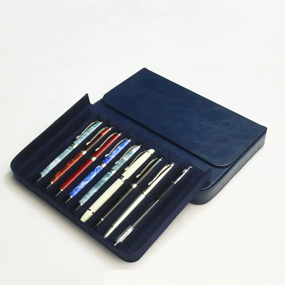 Leather 12 Fountain Pen/Pencil Tray Case Organizer, Fashion Design, Handmade, Magnetic Closure with Drawer, Christmas Gift for Man/Woman/Office, 12 Slots(blue)