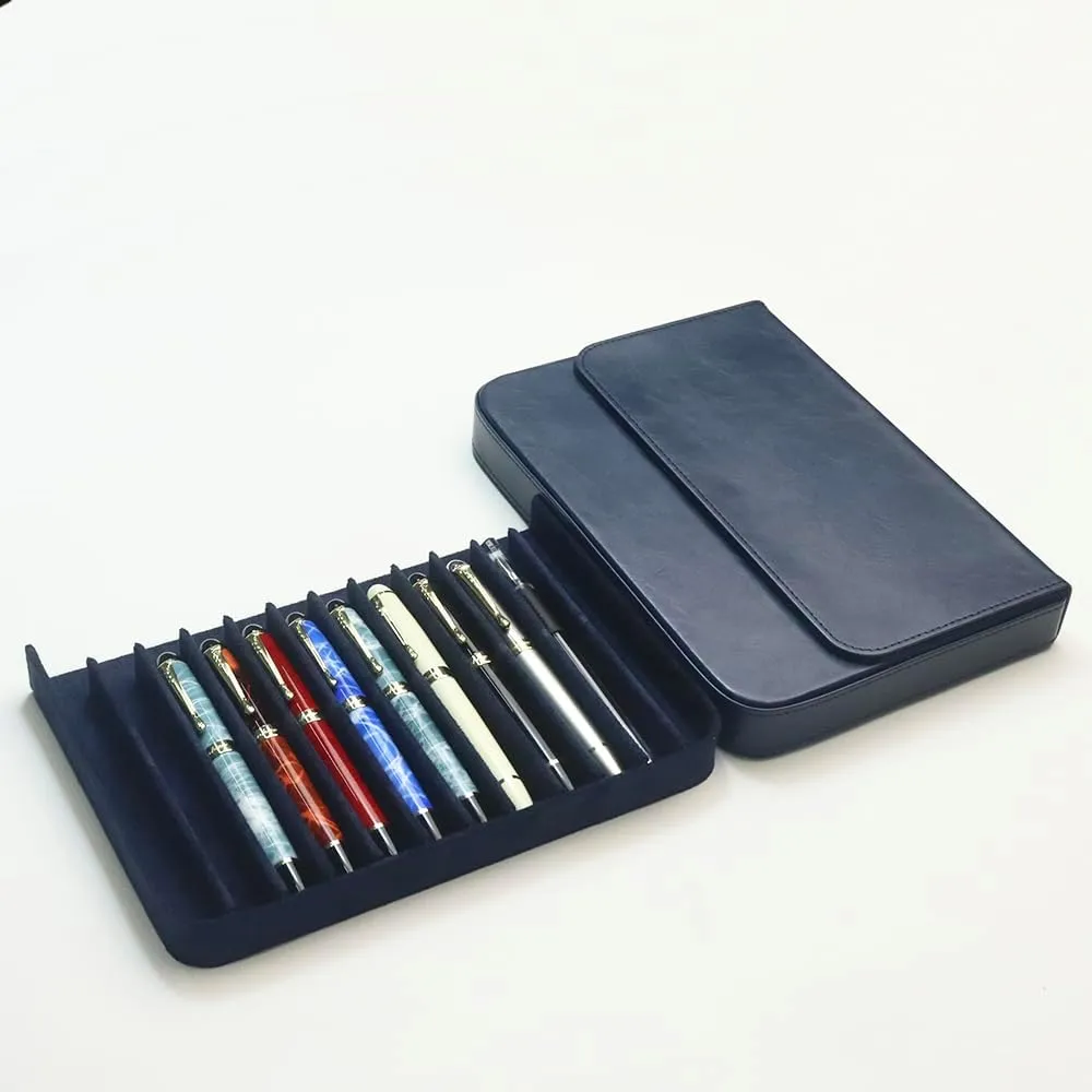 Leather 12 Fountain Pen/Pencil Tray Case Organizer, Fashion Design, Handmade, Magnetic Closure with Drawer, Christmas Gift for Man/Woman/Office, 12 Slots(blue)