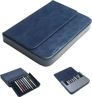 Leather 12 Fountain Pen/Pencil Tray Case Organizer, Fashion Design, Handmade, Magnetic Closure with Drawer, Christmas Gift for Man/Woman/Office, 12 Slots(blue)
