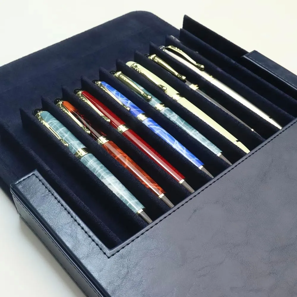 Leather 12 Fountain Pen/Pencil Tray Case Organizer, Fashion Design, Handmade, Magnetic Closure with Drawer, Christmas Gift for Man/Woman/Office, 12 Slots(blue)