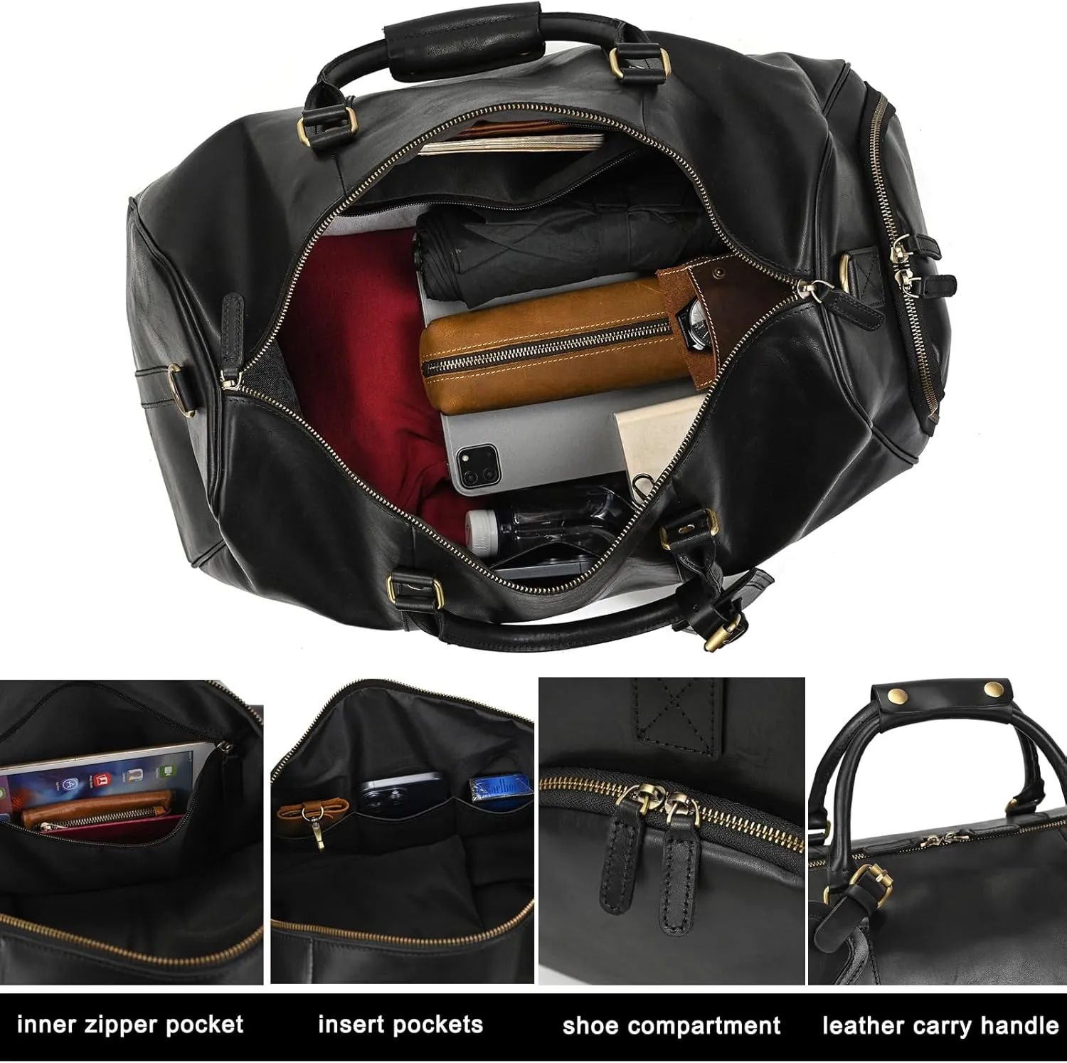 Leather Duffel Bags for Men and Women 20 Inch Full Grain Leather Travel Overnight Weekend Leather Bags Travel Duffel for Men, 9804 Black