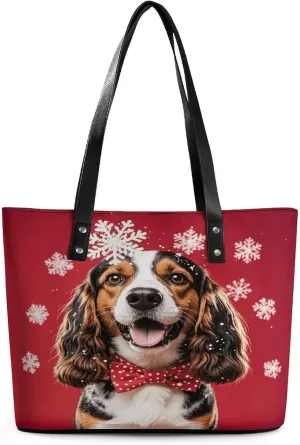 Leather Lady's Handbag Dog Head with Snowflake Print Leather Tote Bags For Women Trendy Ladies Shoulder Bag for Work, Travel, Casual Use