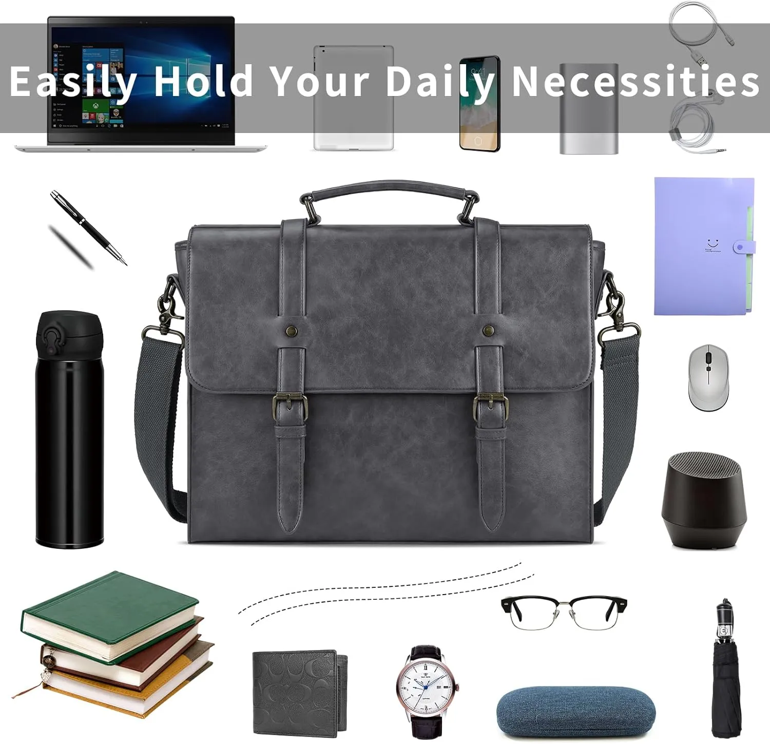 Leather Mens Messenger Bag Vintage 15.6 Inch Waterproof Leather Laptop Briefcase Satchel Shoulder Bag Computer Laptop Bag Grey