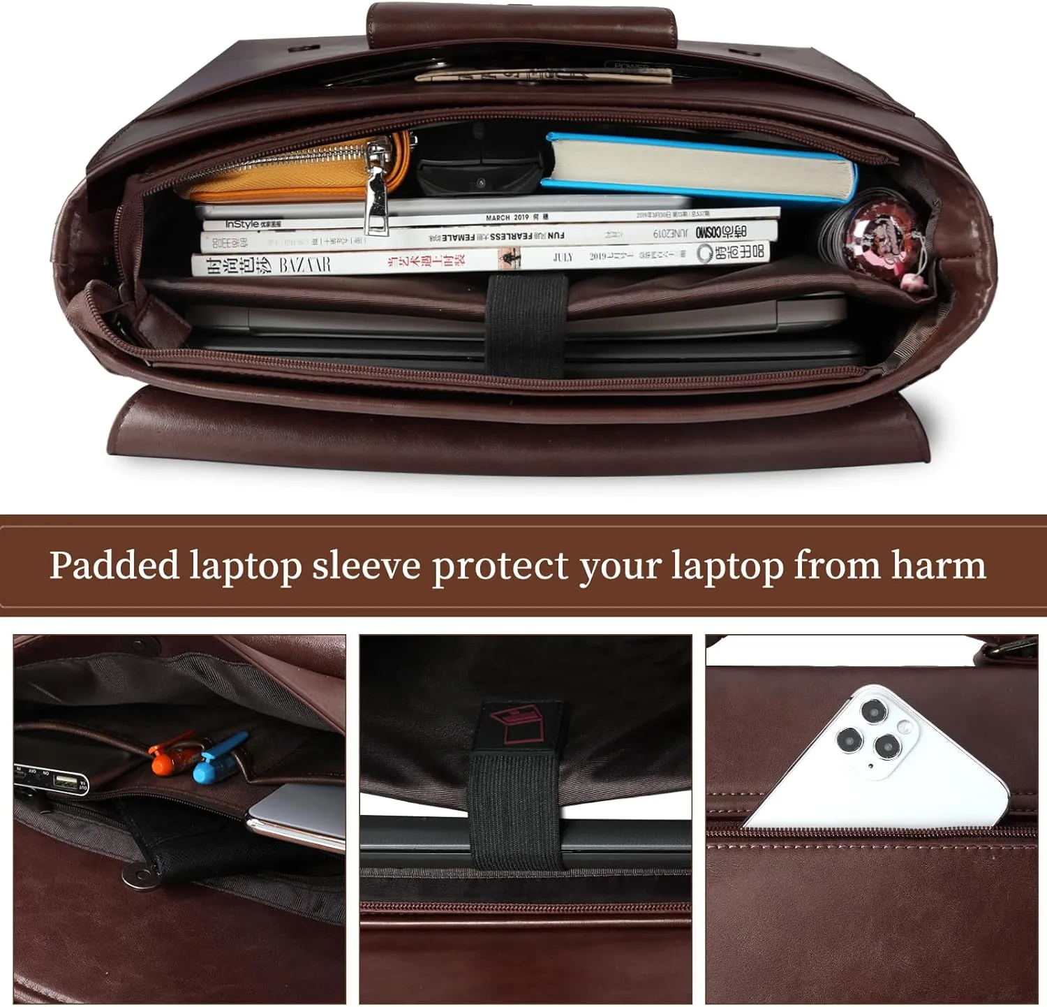 Leather Messenger Bag for Men 15.6 Inch Waterproof Vintage Leather Laptop Briefcase Large Satchel Shoulder Bag Office Travel College Computer Laptop Bag, Coffee