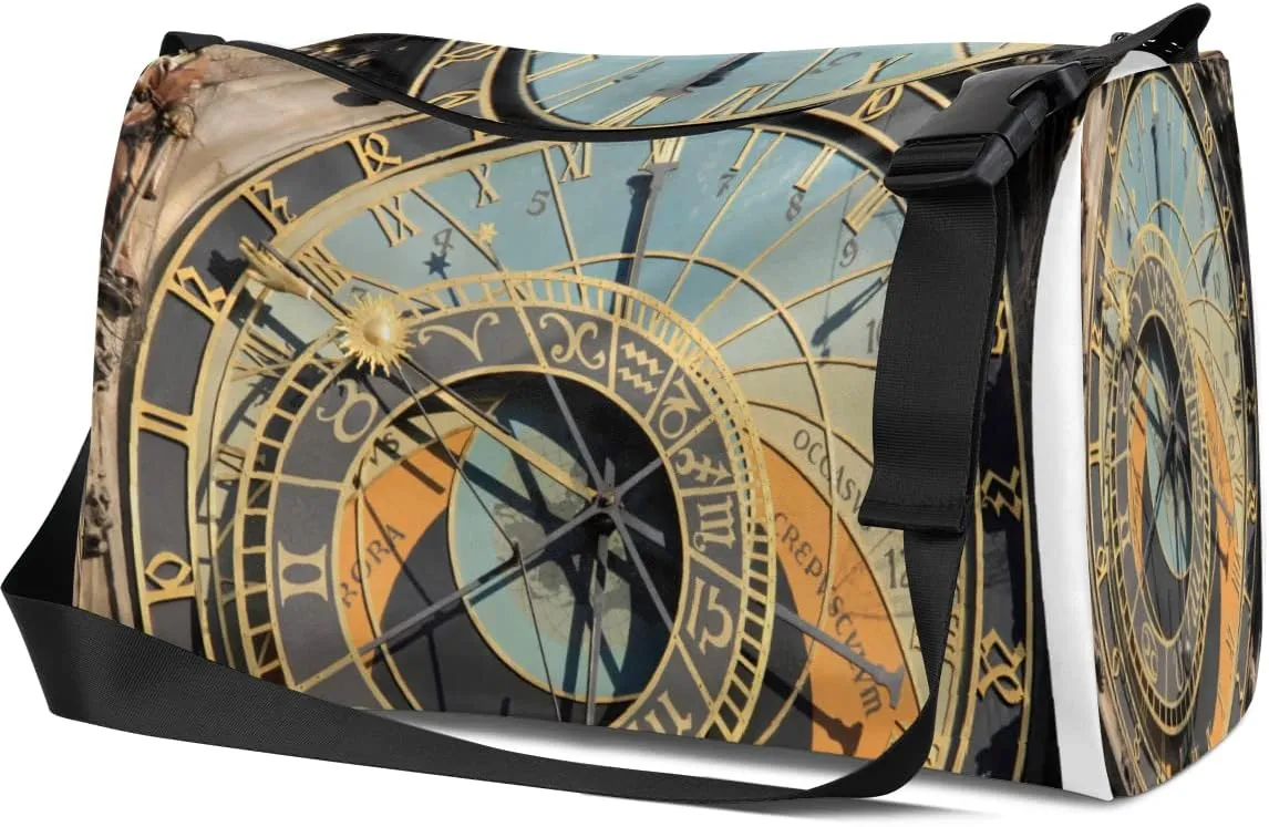 Leather Sport Gym Bag Ancient Astronomical Clock Weekender Bag for Women and Men Carry On Bag Machine Travel Duffel Bag