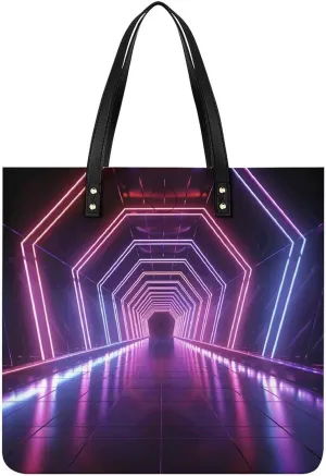 Leather Tote Bag, Neon Lights Tunnel Print Women's Leather Handbag Fashion Leather Handbag Durable Leather Bag Stylish Tote Bag