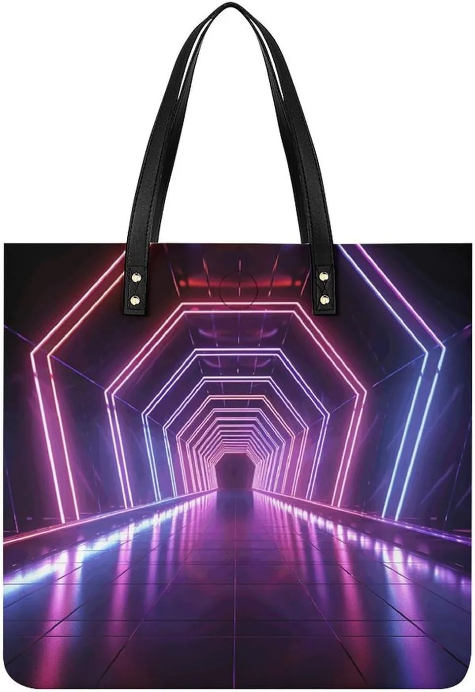 Leather Tote Bag, Neon Lights Tunnel Print Women's Leather Handbag Fashion Leather Handbag Durable Leather Bag Stylish Tote Bag