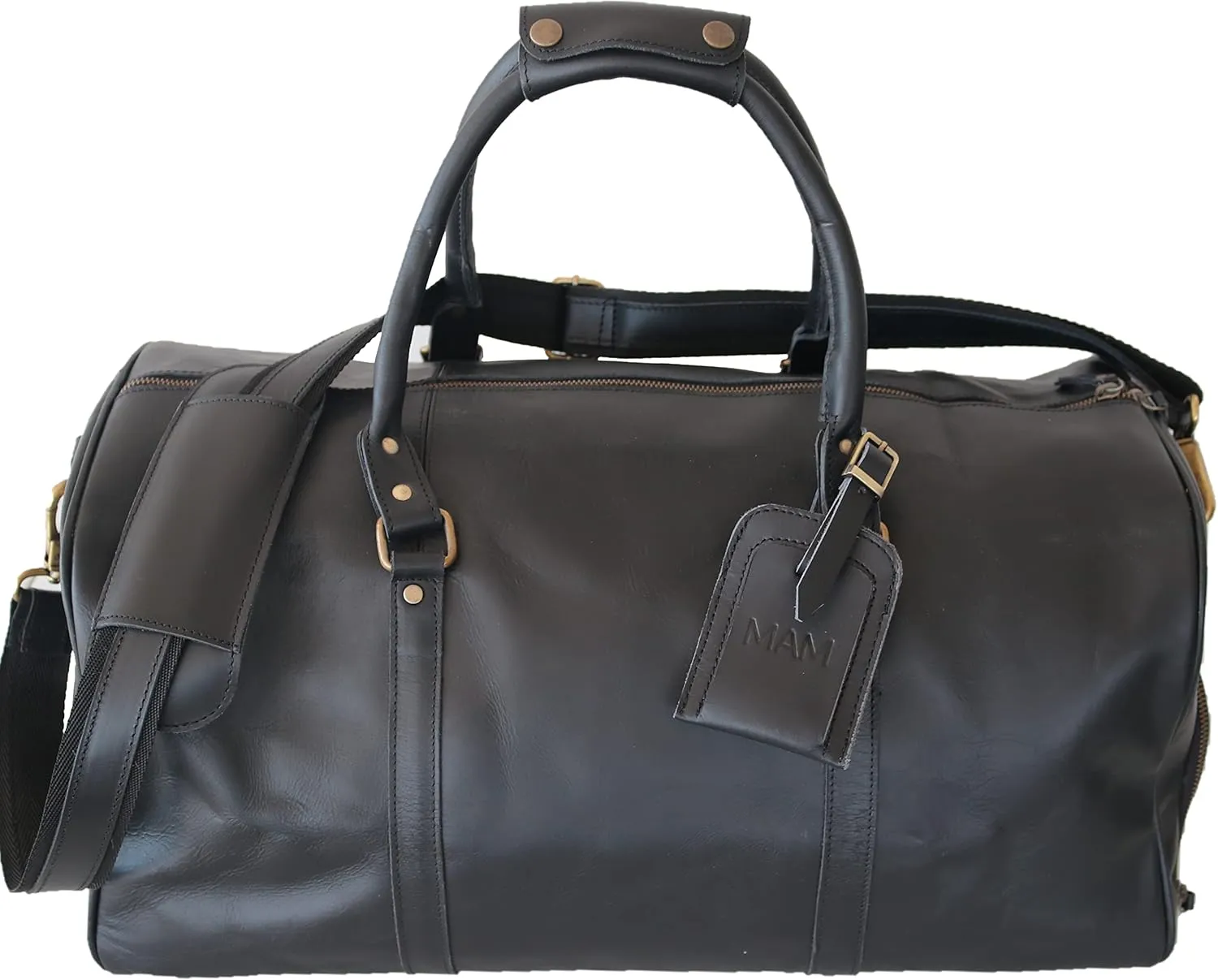 Leather Travel Duffel Bag, 22"Leather Weekender Bag with Shoe Compartment, Handmade Waterproof Duffel Bag for Men&Women, Weekender Overnight Bag with Shoe Pouch (2 Black)