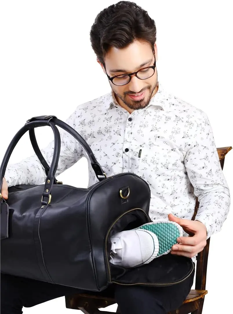 Leather Travel Duffel Bag, 22"Leather Weekender Bag with Shoe Compartment, Handmade Waterproof Duffel Bag for Men&Women, Weekender Overnight Bag with Shoe Pouch (2 Black)
