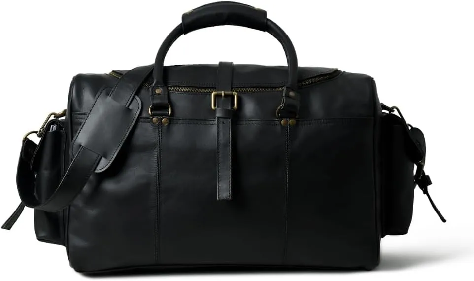 Leather Travel Duffel Bag for Men and Women - Grain Leather, Genuine leather, Gift, Weekend Bag, Overnight Full Grain Retro, Sport Gym, Airplane Luggage Carry on Luggage Bag (Black),