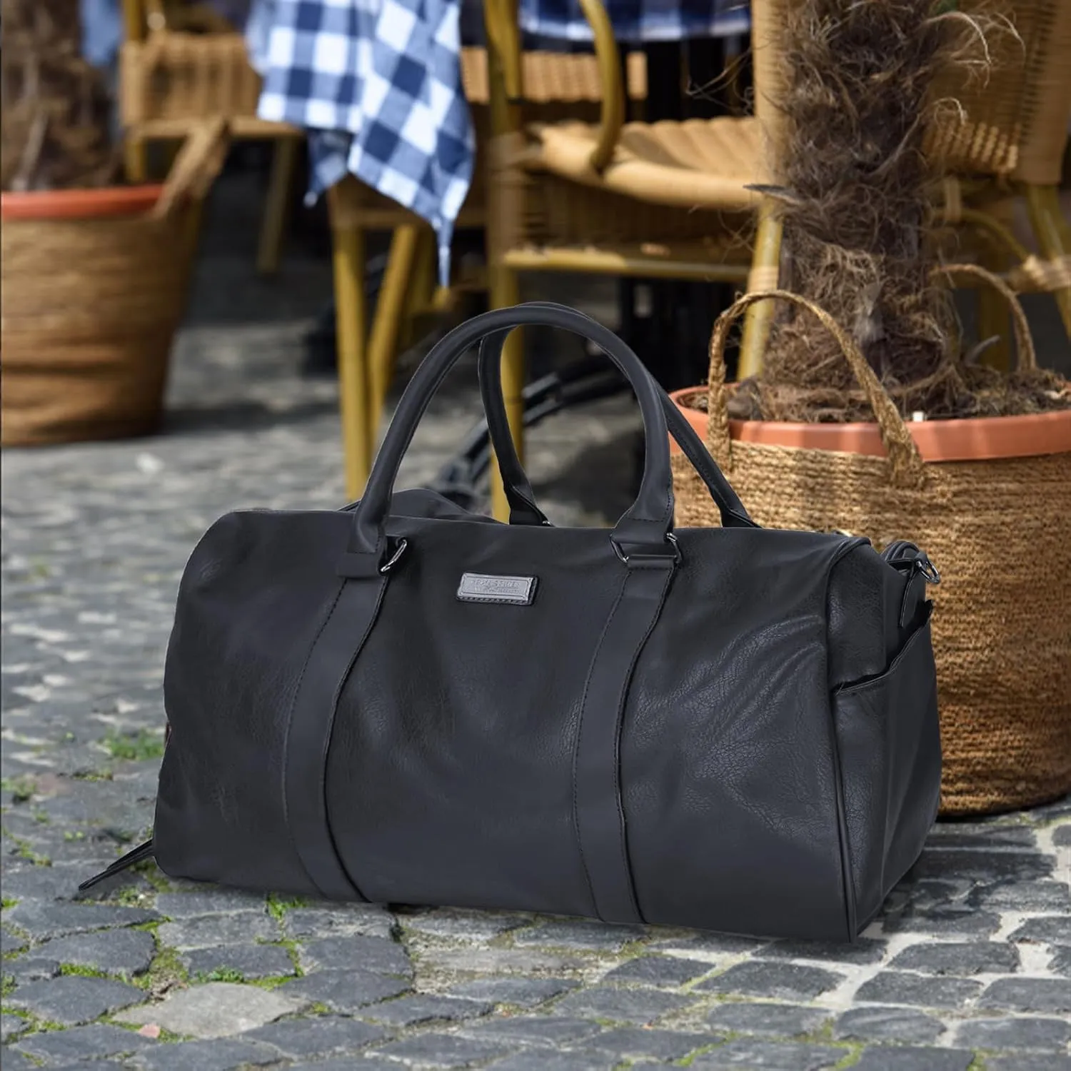 Leather Travel Duffel Weekender Bag Carry on Overnight Bag Sports Duffel bag Waterproof Tote Duffel Bag For men and Women - Black