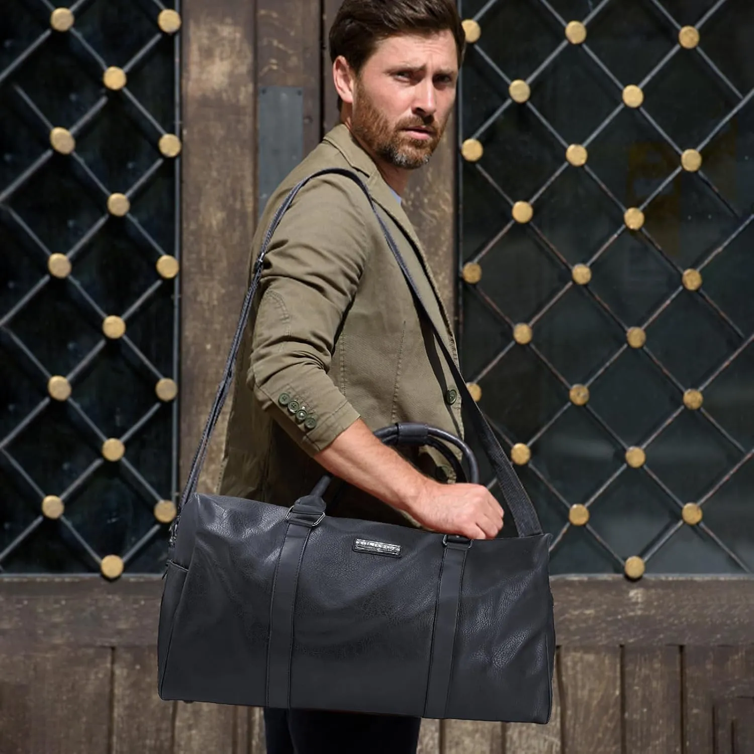 Leather Travel Duffel Weekender Bag Carry on Overnight Bag Sports Duffel bag Waterproof Tote Duffel Bag For men and Women - Black