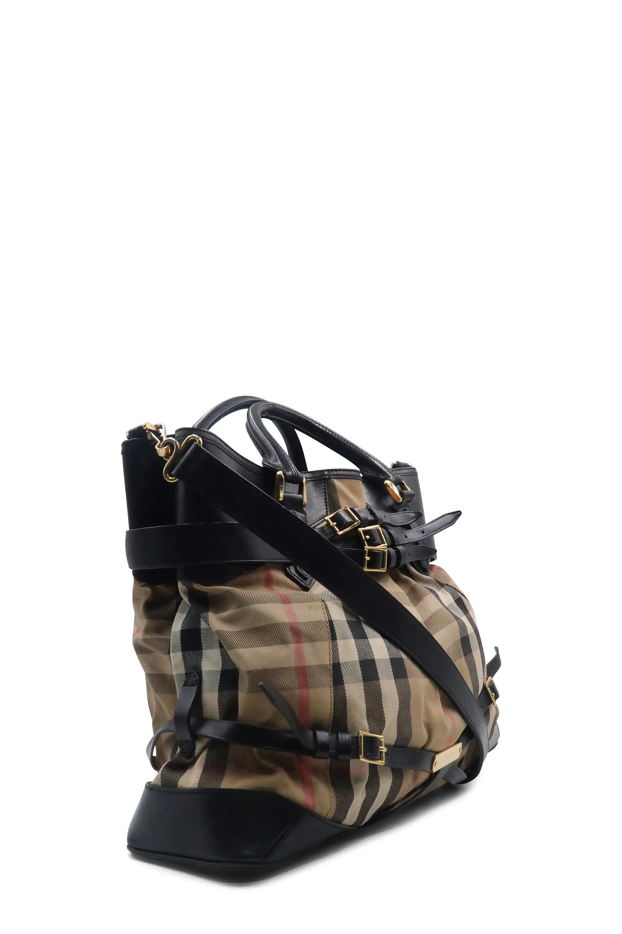 Leather Trimmed House Check Bridle Tote Brown Black