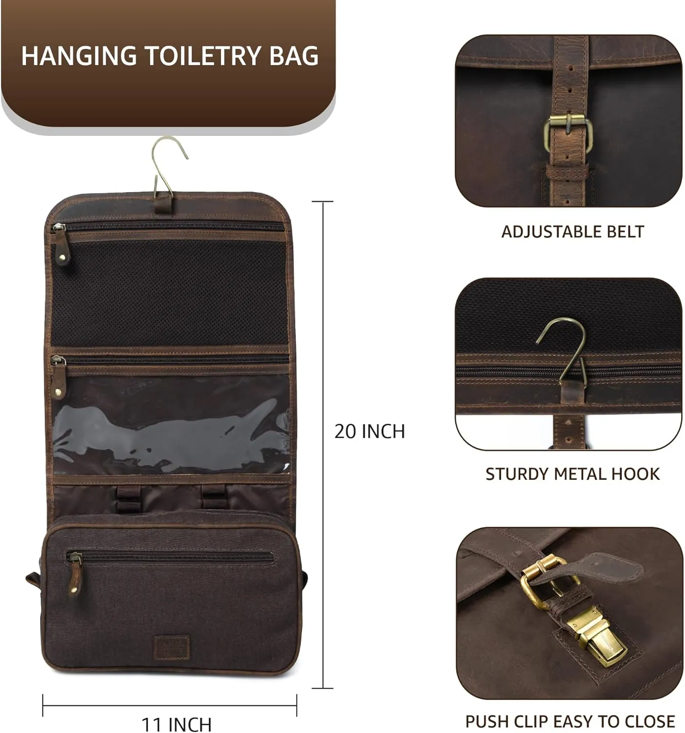 LEATHER VILLAGE Hanging Toiletry Bag for Men & Women, Handcrafted Vintage Cosmetic & Shaving Organizer Travel Dopp Kit- Brown