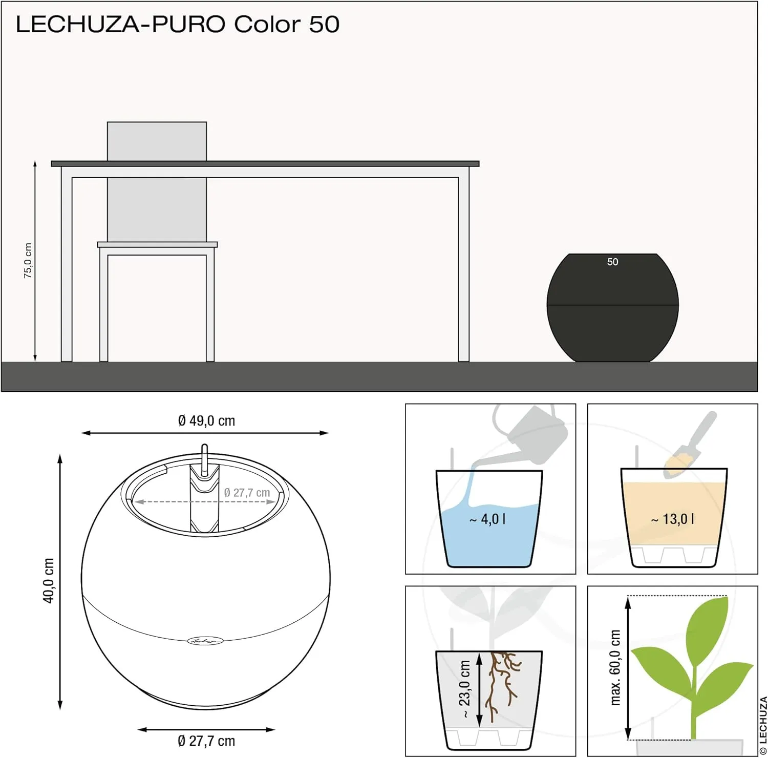 Lechuza 13348 Puro Color 50 Self-Watering Planter for Indoor and Outdoor Use, 19.5" × 15.5", Sand Brown