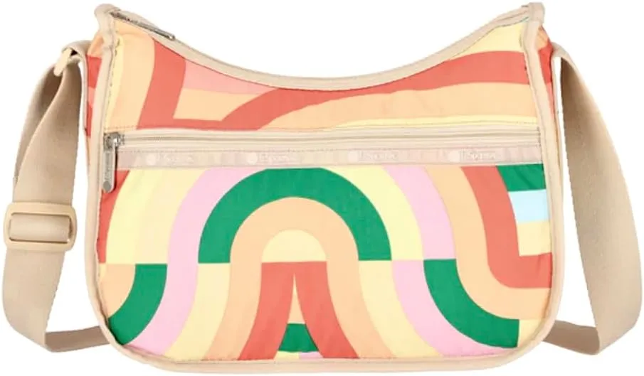 LeSportsac Bold Rainbow Classic Hobo Crossbody Bag   Cosmetic Bag, Style 7520/Color E626, Playful Retro Rainbow Swirls & Stripes, Uplifting Hues: Orange, Yellow, Pink, Peach & Green, Subtle Shimmer