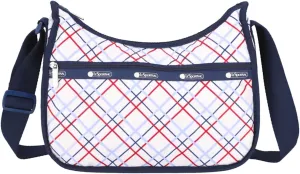 LeSportsac Modern Tattersall Classic Hobo Crossbody Bag   Cosmetic Bag, Style 7520/Color E839, Classic Navy & Bold Red Unite on Crisp White Bag, Modern Lilac Accent, Fun Interpretative Tartan Plaid
