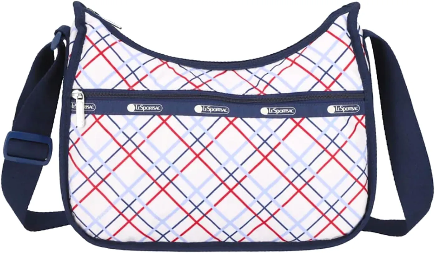LeSportsac Modern Tattersall Classic Hobo Crossbody Bag   Cosmetic Bag, Style 7520/Color E839, Classic Navy & Bold Red Unite on Crisp White Bag, Modern Lilac Accent, Fun Interpretative Tartan Plaid