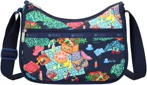 LeSportsac Painted Picnic Classic Hobo Crossbody Bag   Cosmetic Bag, Style 7520/Color E539, Endless Summer Fun, Vibrant Colorful Picnic, Sunkissed Fruits, Sweet Treats, Relaxing Alfresco