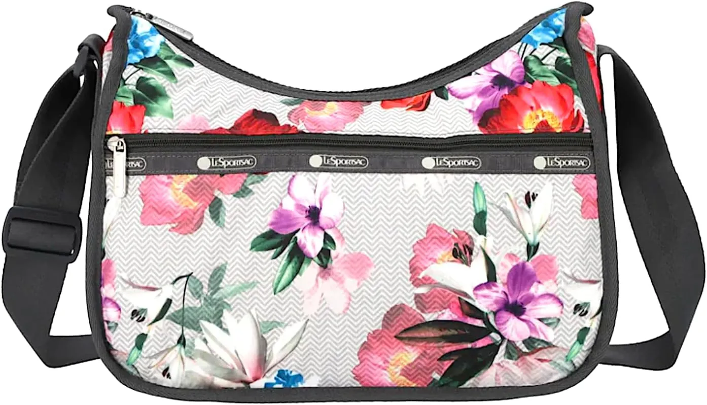 LeSportsac Photo Blooms Classic Hobo Crossbody Bag   Cosmetic Bag, Style 7520/Color E776, Lively & Colorful Flower Blooms Artfully Designed w Soft Focus & Highlighted Techniques, Chevron Background