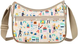 LeSportsac Skiing Foxes Classic Hobo Crossbody Bag   Cosmetic Bag, Style 7520/Color E774, Whimsical & Playful Foxes, Ski Motifs: Lift Tickets, Gondolas, Snowboards Amid Magical Snowflake Backdrop
