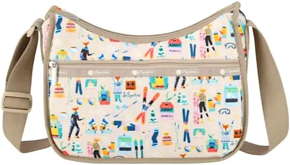 LeSportsac Skiing Foxes Classic Hobo Crossbody Bag   Cosmetic Bag, Style 7520/Color E774, Whimsical & Playful Foxes, Ski Motifs: Lift Tickets, Gondolas, Snowboards Amid Magical Snowflake Backdrop
