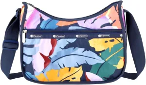 LeSportsac Vibrant Leaves Classic Hobo Crossbody Bag   Cosmetic Bag, Style 7520/Color E633, Colorful & Energetic Full Size Leaves, Brilliant Shades of Burgundy, Orange, Green, Navy, Golden Sun & Lilac