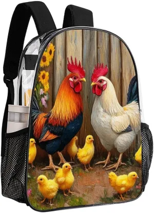 Lightweight Daypack Backpack for Trekking Work Running - Big Capacity Multipurpose Transparent Bookbag, Garden Flowers Chicken Rooster Sunflowers Painting Business Computer Bag