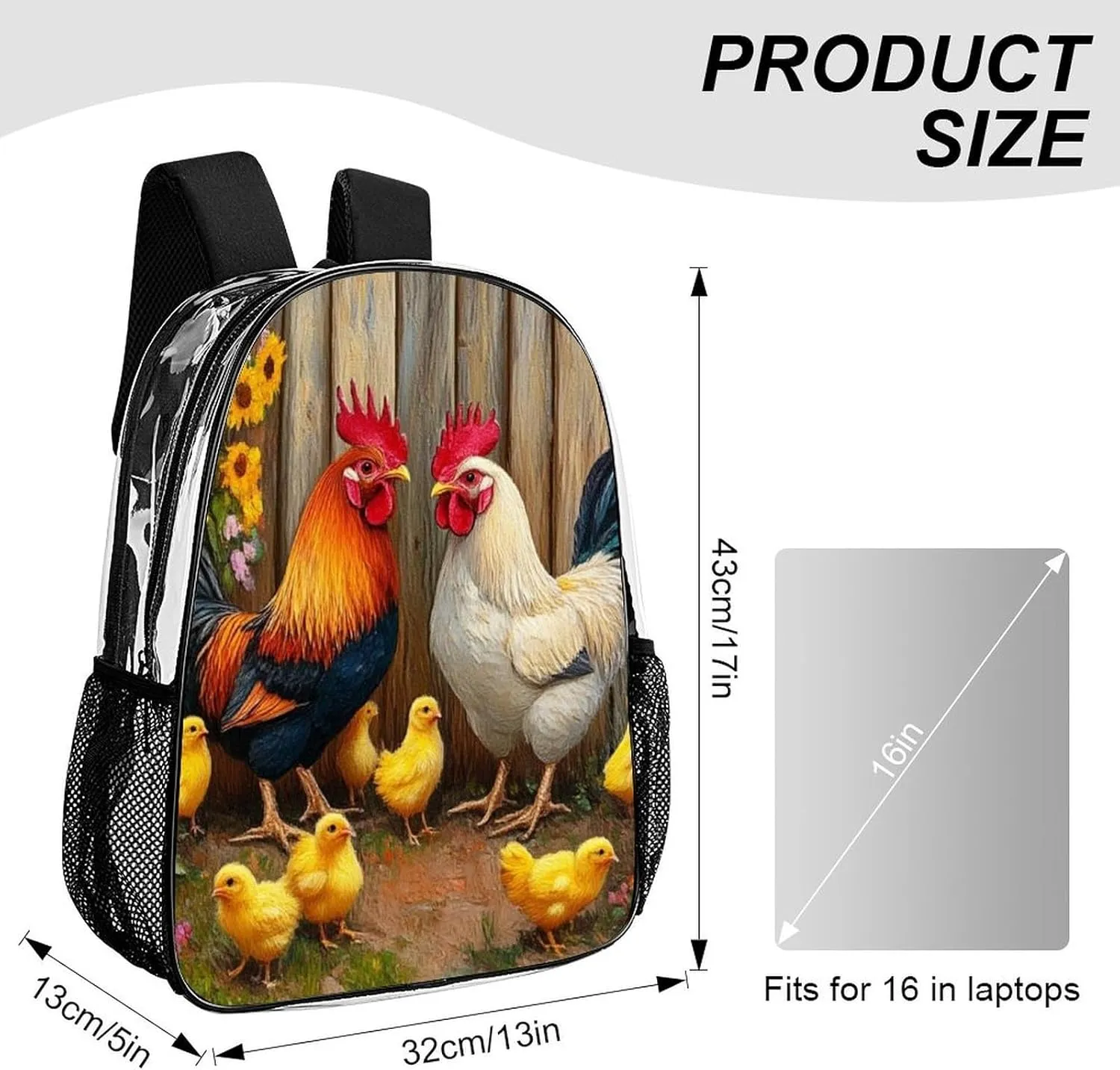 Lightweight Daypack Backpack for Trekking Work Running - Big Capacity Multipurpose Transparent Bookbag, Garden Flowers Chicken Rooster Sunflowers Painting Business Computer Bag
