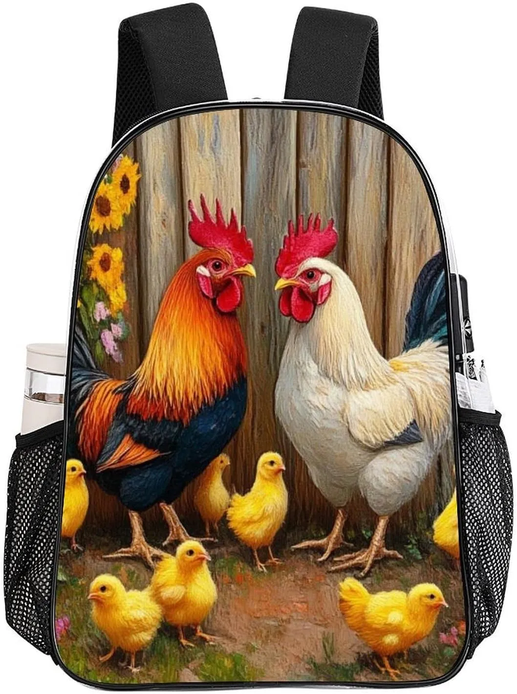 Lightweight Daypack Backpack for Trekking Work Running - Big Capacity Multipurpose Transparent Bookbag, Garden Flowers Chicken Rooster Sunflowers Painting Business Computer Bag