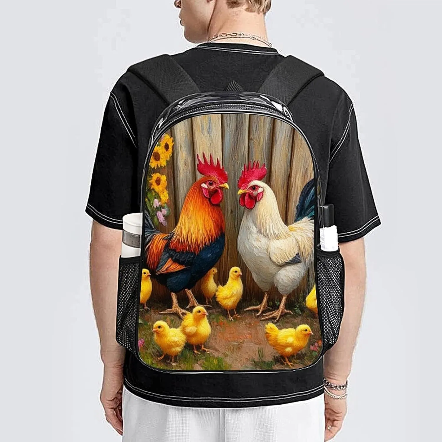 Lightweight Daypack Backpack for Trekking Work Running - Big Capacity Multipurpose Transparent Bookbag, Garden Flowers Chicken Rooster Sunflowers Painting Business Computer Bag