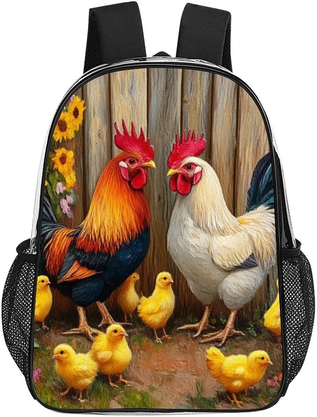 Lightweight Daypack Backpack for Trekking Work Running - Big Capacity Multipurpose Transparent Bookbag, Garden Flowers Chicken Rooster Sunflowers Painting Business Computer Bag