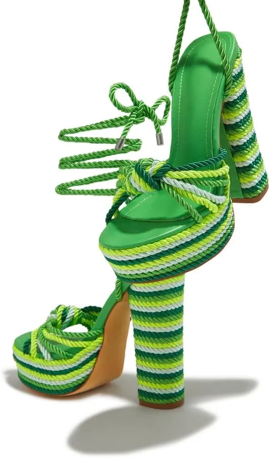 Liliana Women's Round Toe Rope Lace Up Platform Block High Heels