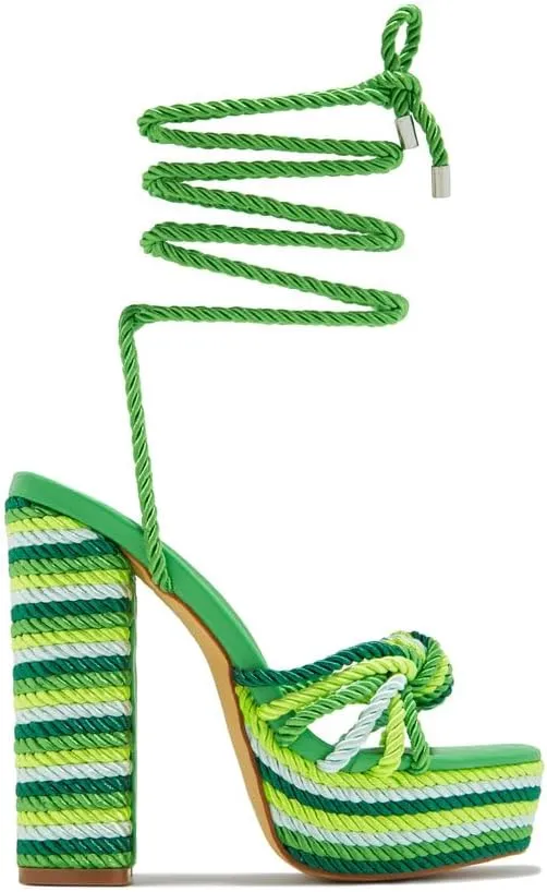Liliana Women's Round Toe Rope Lace Up Platform Block High Heels