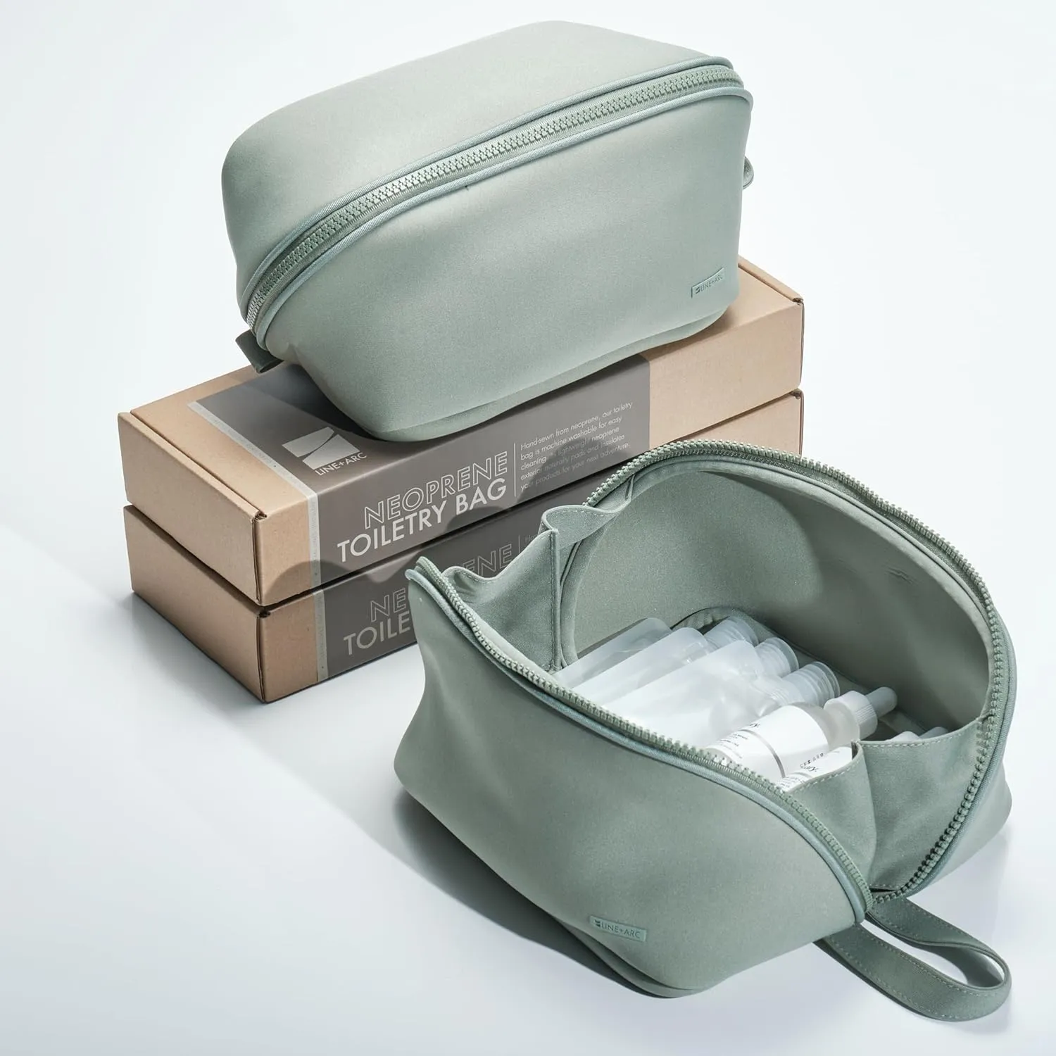 LINE ARC Machine-Washable Neoprene Toiletry Bag (Sage) Modern Green Dopp Kit Soft Insulation for Cosmetics Makeup Travel Skincare Shaving Large Case Men Women Overnight Easy-to-Clean