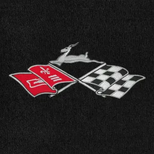 Lloyd Mats ® - Velourtex Black 4PC Floor Mats for Chevrolet Impala 1965-68 with Impala Logo and Cross Flags Applique
