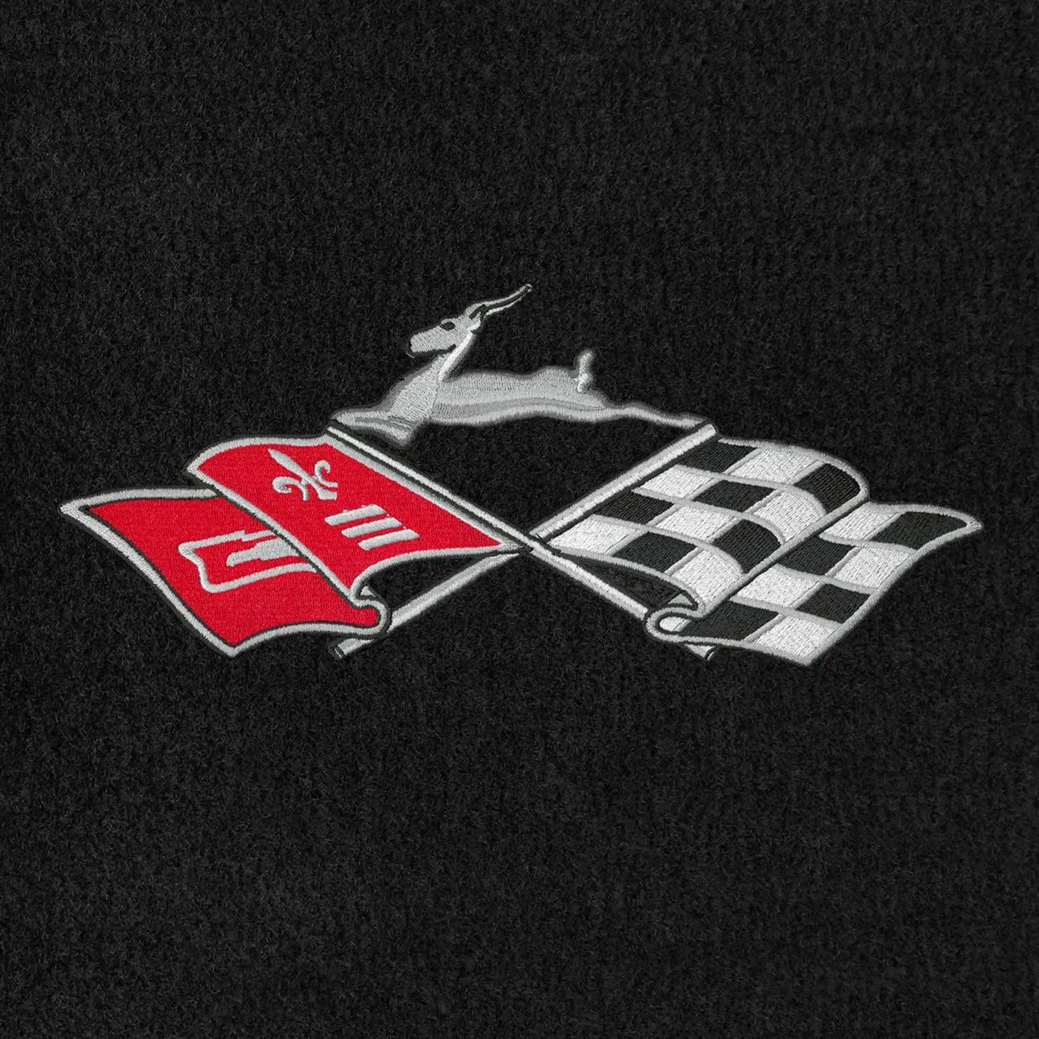 Lloyd Mats ® - Velourtex Black 4PC Floor Mats for Chevrolet Impala 1965-68 with Impala Logo and Cross Flags Applique