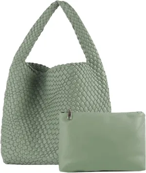 LMKIDS Women Vegan Leather Hand-Woven Tote Handbag Fashion Shoulder Top-handle Bag All-Match Underarm Bag with Purse