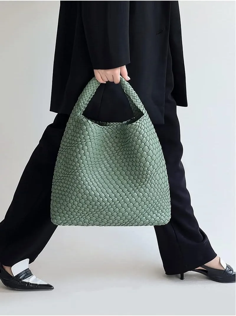 LMKIDS Women Vegan Leather Hand-Woven Tote Handbag Fashion Shoulder Top-handle Bag All-Match Underarm Bag with Purse