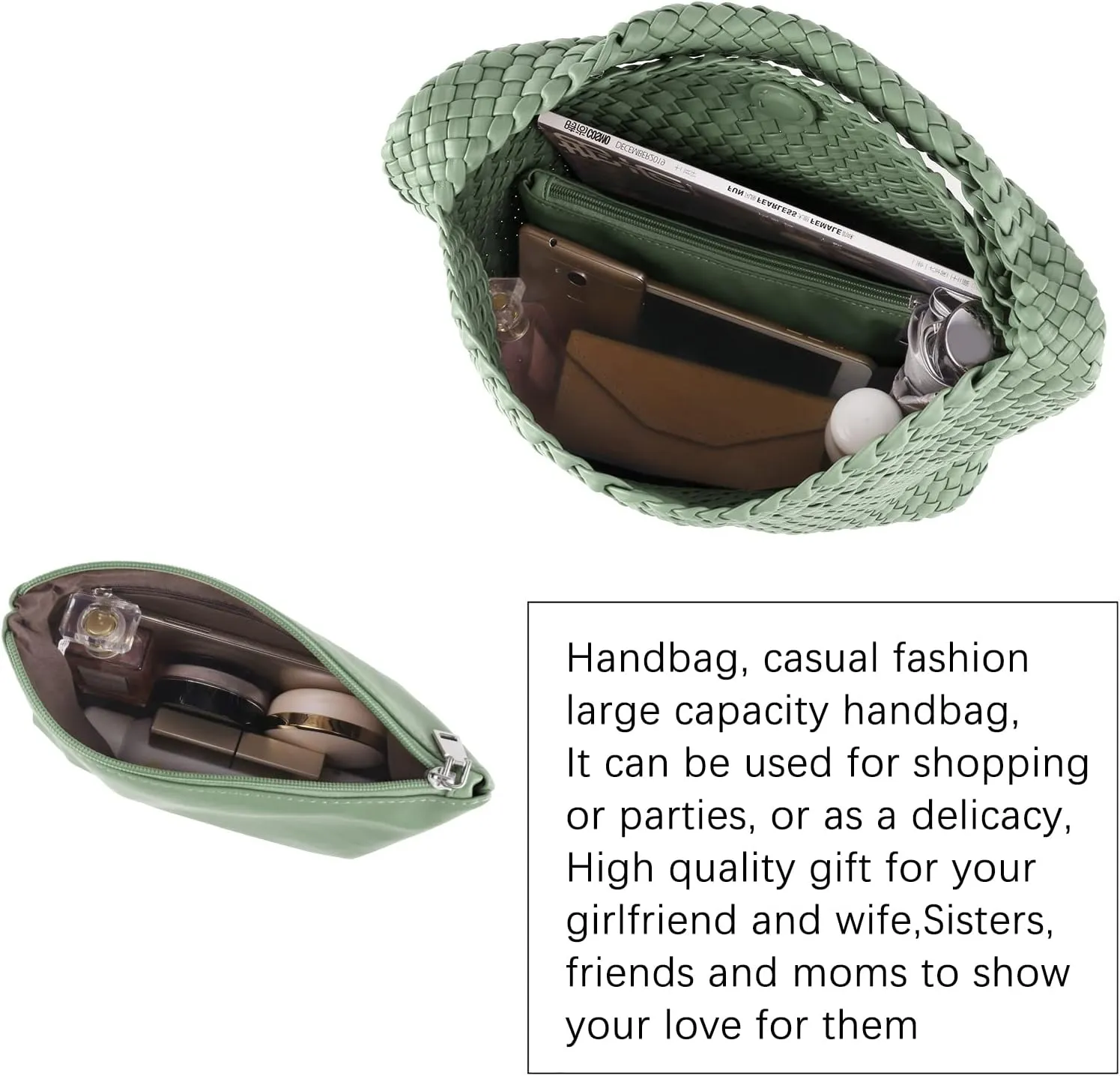 LMKIDS Women Vegan Leather Hand-Woven Tote Handbag Fashion Shoulder Top-handle Bag All-Match Underarm Bag with Purse