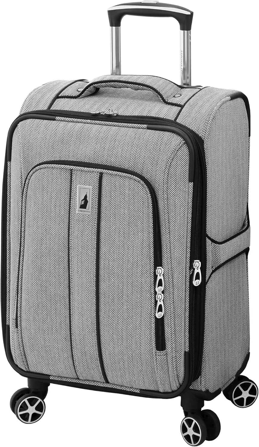 LONDON FOG Newcastle Softside Expandable Spinner Luggage, Black White Herringbone, Carry-On 20-Inch